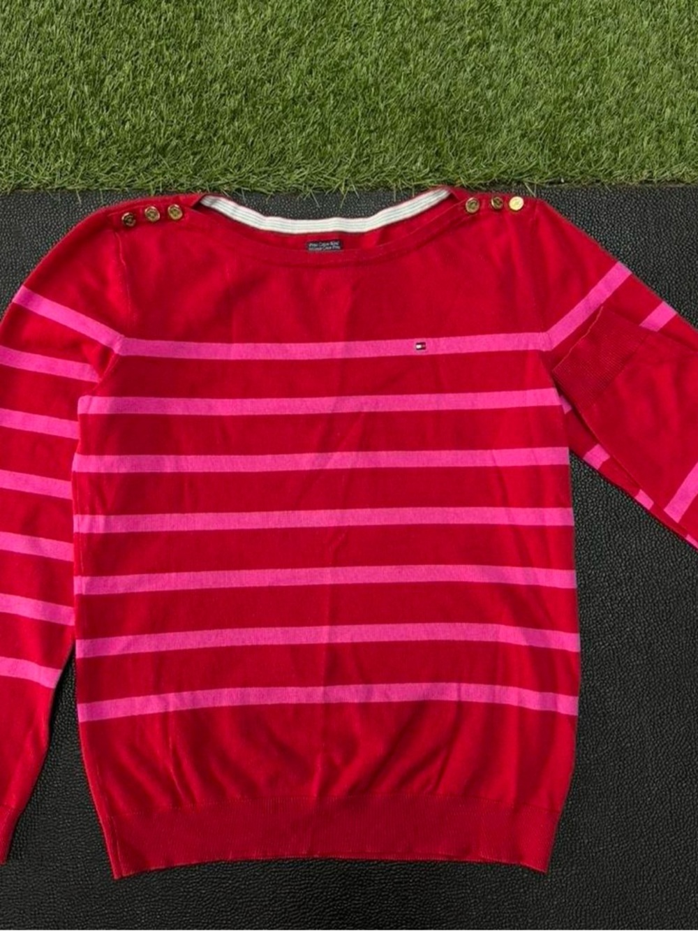 Tommy Hilfiger Red & Pink Striped Crewneck Sweater with Shoulder Buttons